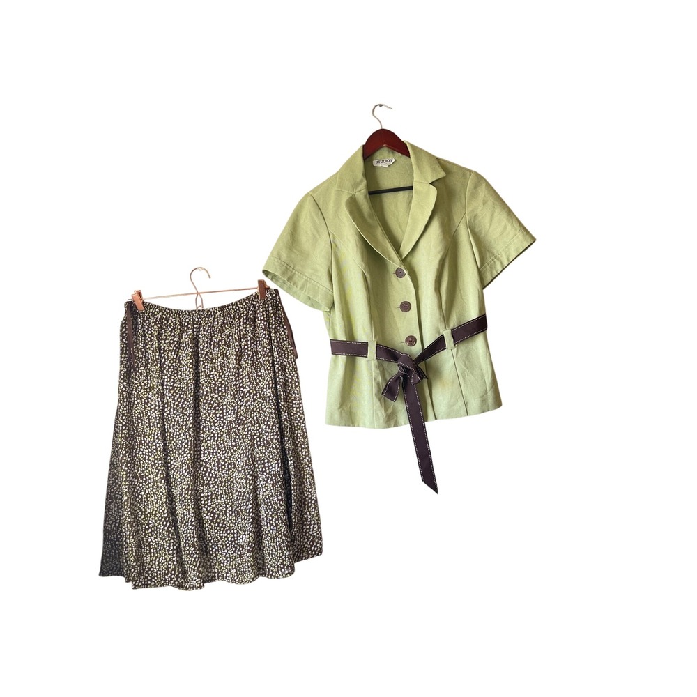 Y2k‎ 90s Sage Green Jacket and Brown Patterned Skirt 2 Piece Set Womens 18W